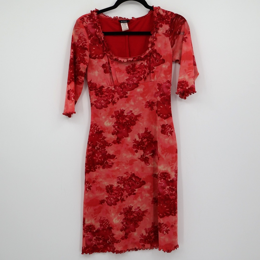 Y2K Vintage Fairy Grunge Babydoll Mesh‎ Dress Womens M Red Sheer Bloomcore Boho